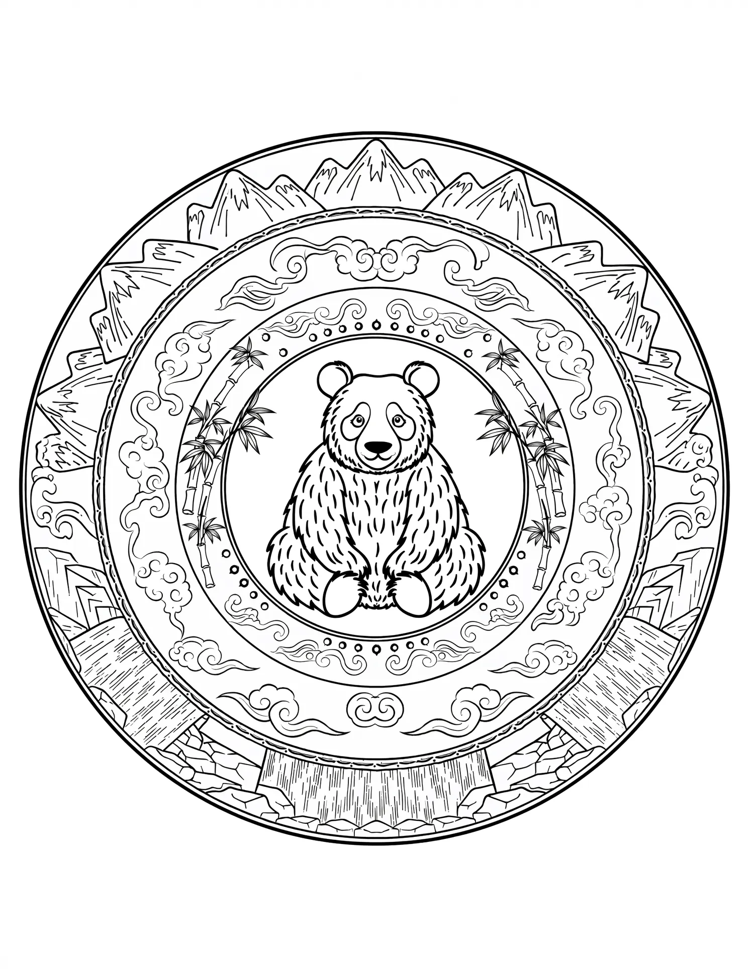 Mandala Panda et Montagne - Coloriage mandala à imprimer gratuitement